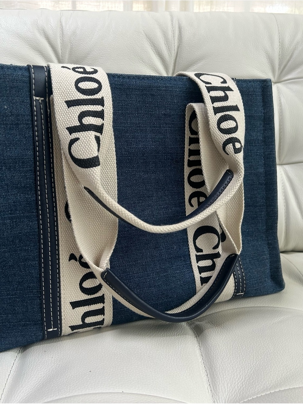 Chloé Denim Woody Tote with Ivory Logo Straps